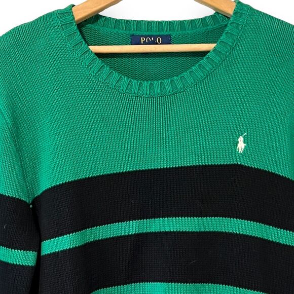 Polo Ralph Lauren Green Black Striped Knit Sweater Womens XL Embroidered Pony - Picture 2 of 10